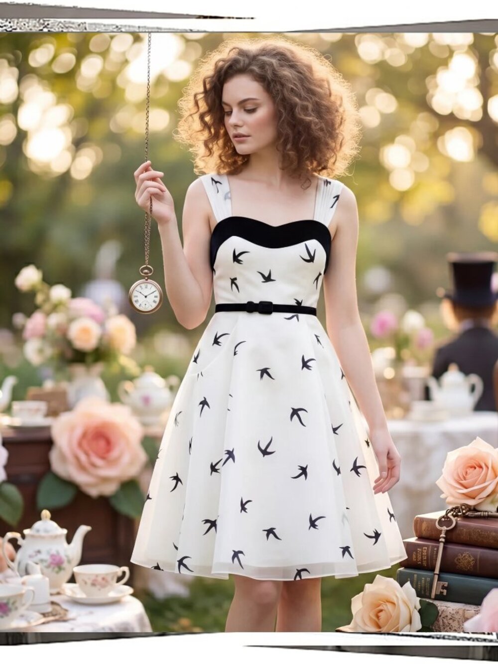 NWOT: Retro Black & White Silk Dress w/ Velvet Bird Accents (2) by Hitherto